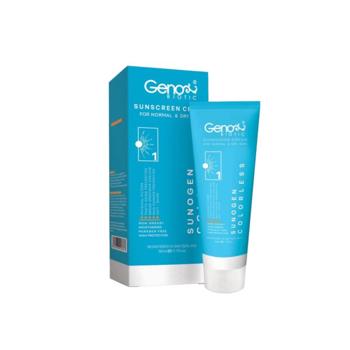 کرم ضد آفتاب SPF 50 ژنوبایوتیک سانوژن مناسب پوست های معمولی تا خشک حجم 50 میلی لیتر - بی رنگ